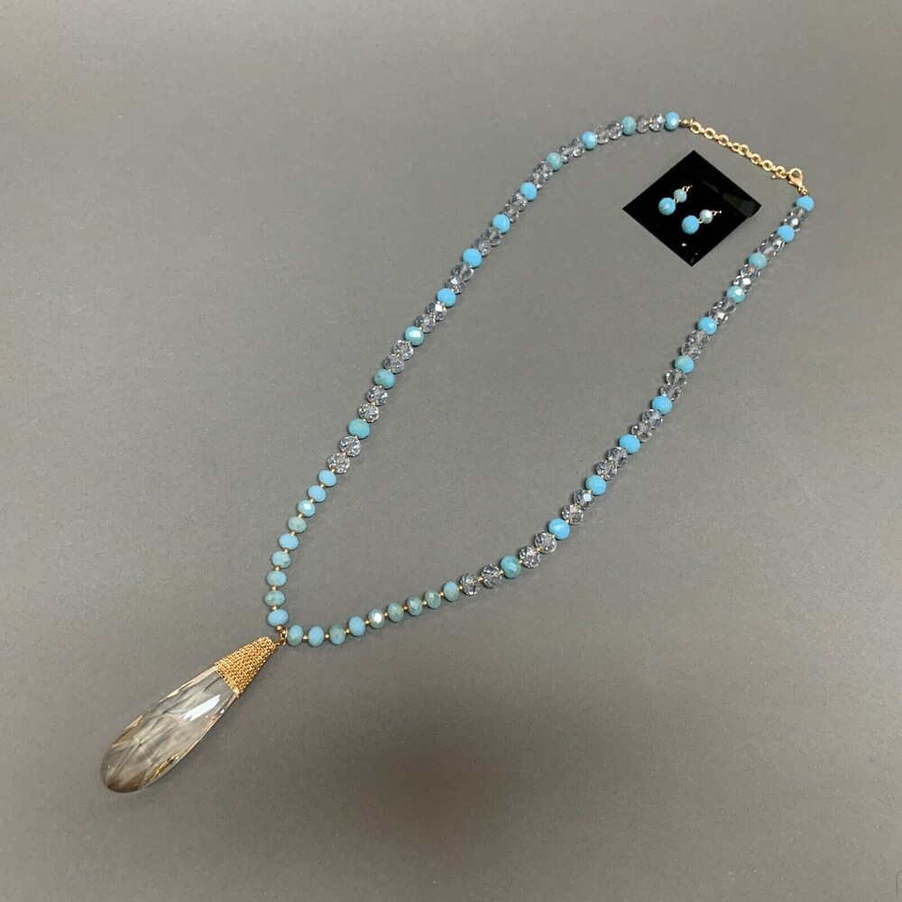 Women's Long Necklace Earrings Set Blue Clear Beaded Gold-tone NWOT